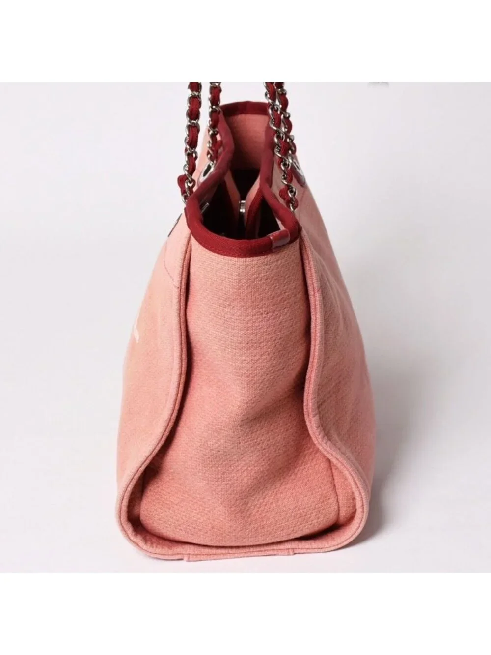 Chanel Deauville MM Chain Tote Bag CC Logo Pink Canvas Leather Silver